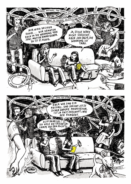 Comic aus "Nordpol": Zwei Mädchen unterhalten sich auf einer Party, während ringsum das Geschehen turbulenter wird.